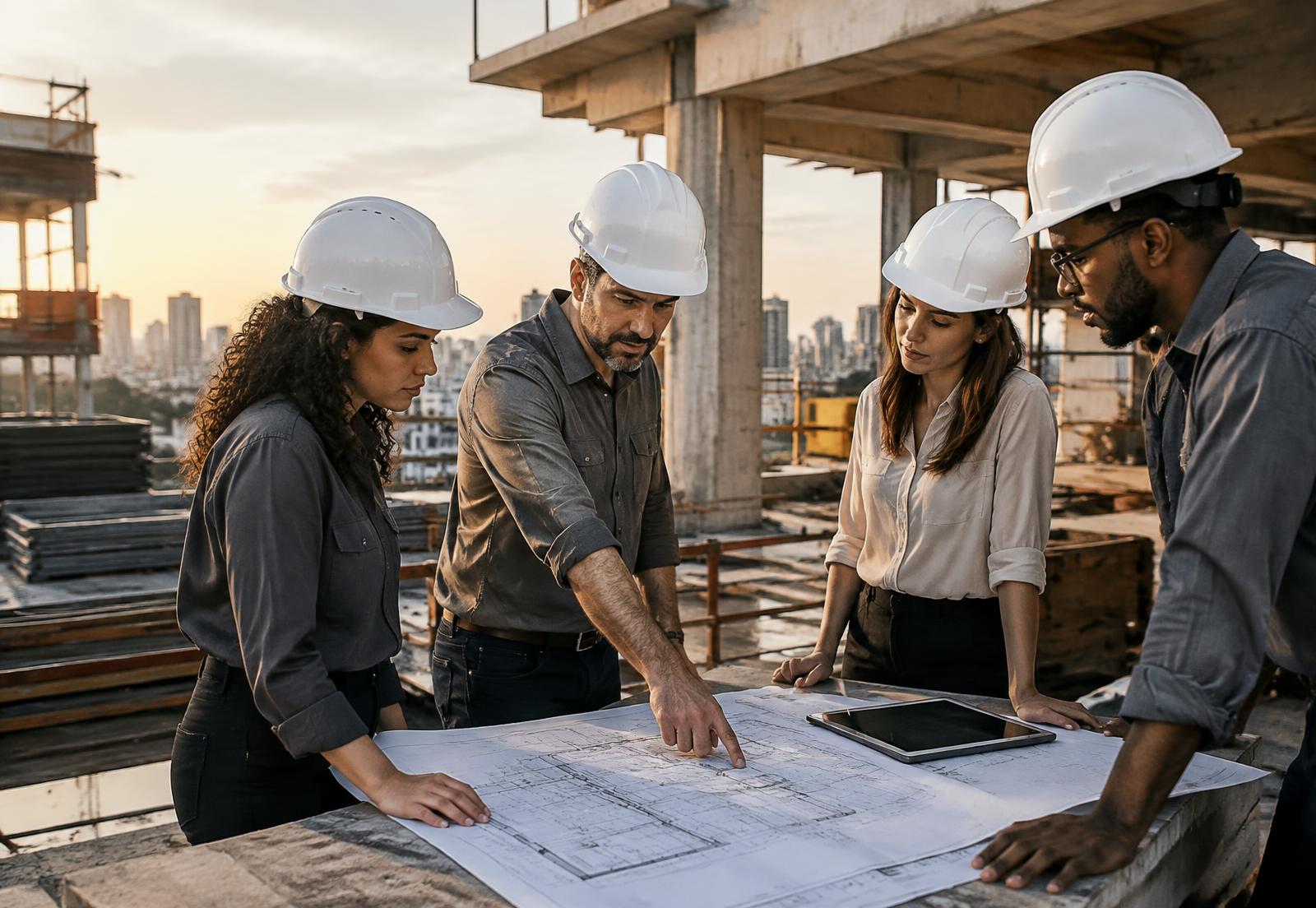 Equipe técnica reunida em uma obra